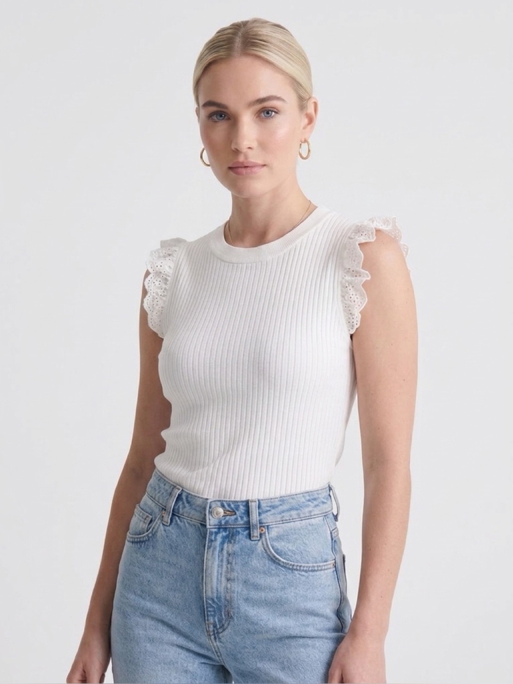 Warehouse White Ribbed Tank with Eyelet Ruffle Sleeves